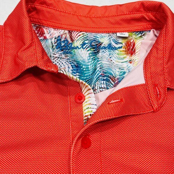 ROBERT GRAHAM LARGE Orange White Dot Print Polo Shirt Knowledge Wisdom Truth. - Picture 4 of 7